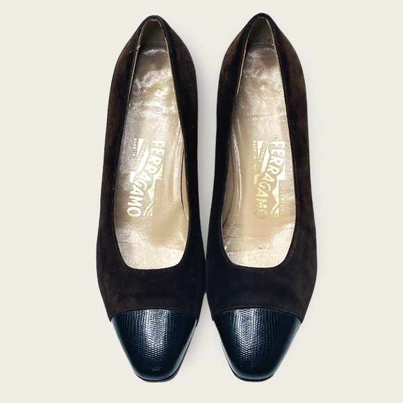 Vintage Salvatore Ferragamo Brown Suede and Leather Cap Toe Pumps Size 8 - Picture 2 of 12